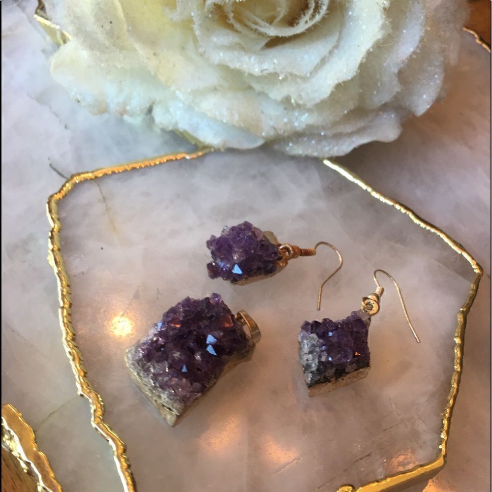 PURPLE RAW Amethyst Earrings & Matching Pendant!